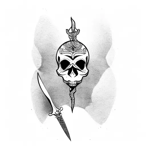 skull in the reflection of a dagger blade tattoo design idea