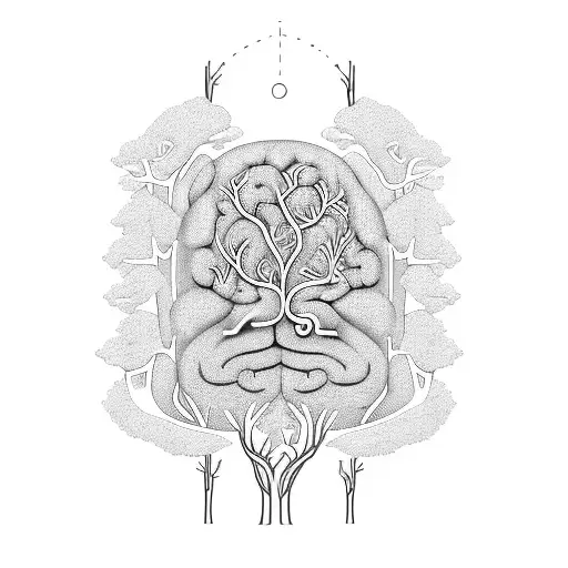 A winding forest trail leading into a brain, representing the journey of mental health awareness and self-discovery tattoo design idea