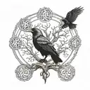 The Yggdrasil tree in the center, left and right, the ravens Hugin and Munin tattoo design idea