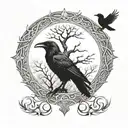 The Yggdrasil tree in the center, left and right, the ravens Hugin and Munin tattoo design idea