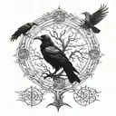 The Yggdrasil tree in the center, left and right, the ravens Hugin and Munin tattoo design idea