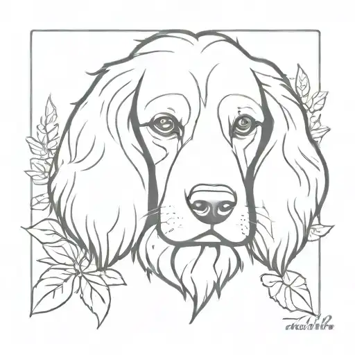 A realistic portrait of a cocker spaniel surrounded by a lush forest tattoo design idea