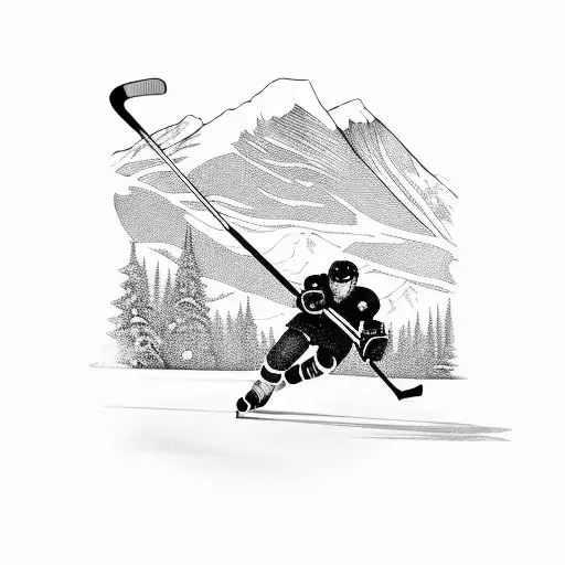 A hockey player skating on a frozen lake surrounded by mountains tattoo design idea