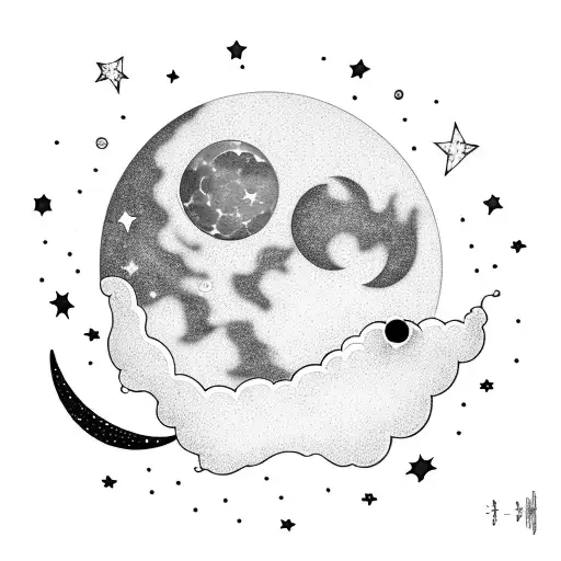 A simple cosmic scene with a moon, stars, an alien and an astronaut  tattoo design idea