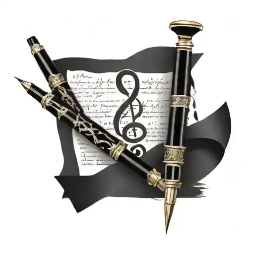 An elegant fountain pen intertwined with a treble clef symbol, surrounded by intricate book pages and economic graphs tattoo design idea