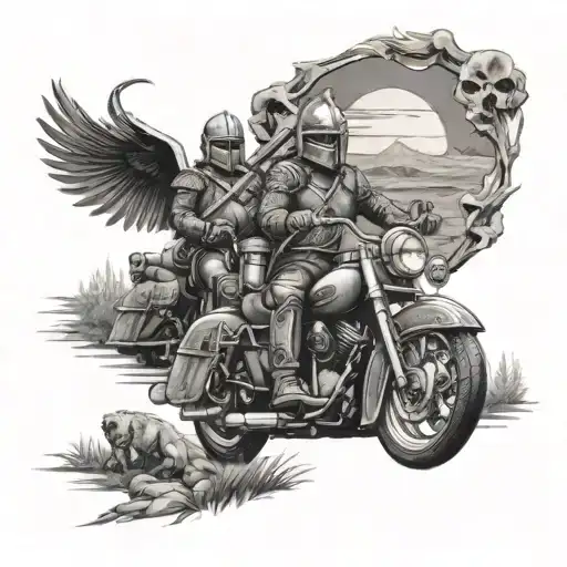 A group of medieval knights riding Harley Davidson motorcycles through a beautiful landscape tattoo design idea
