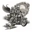 A group of medieval knights riding Harley Davidson motorcycles through a beautiful landscape tattoo design idea