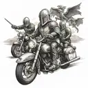 A group of medieval knights riding Harley Davidson motorcycles through a beautiful landscape tattoo design idea