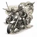A group of medieval knights riding Harley Davidson motorcycles through a beautiful landscape tattoo design idea