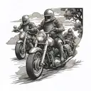 A group of medieval knights riding Harley Davidson motorcycles through a beautiful landscape tattoo design idea