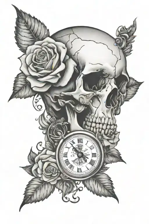 skull, roses, map, compass, clock face tattoo design idea