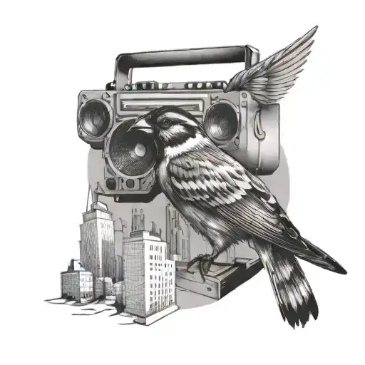 A sparrow flying over a city skyline with a boombox in its beak tattoo design idea