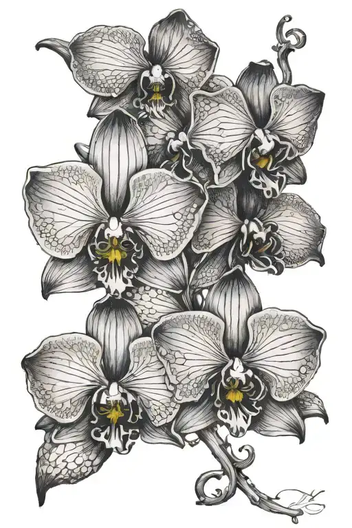 A black orchid intertwined with the initials of each of your children's names tattoo design idea