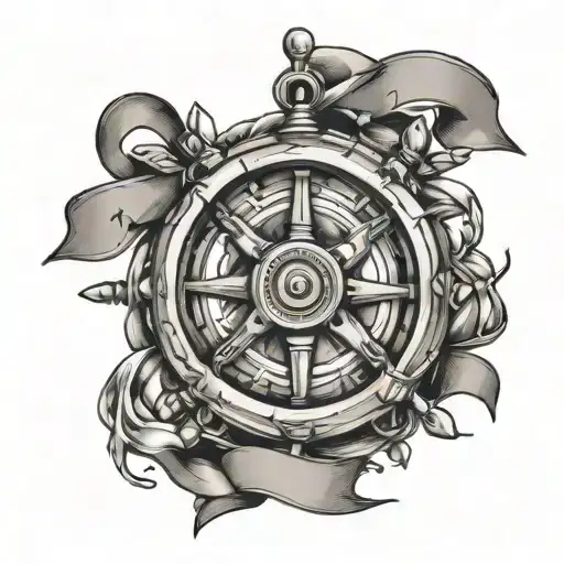 Ship wheel and ribbon tattoo design idea