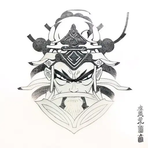 An samurai, that looks like Amidamaru from Shaman King but with black hair, backwards looking to the left and with the w tattoo design idea