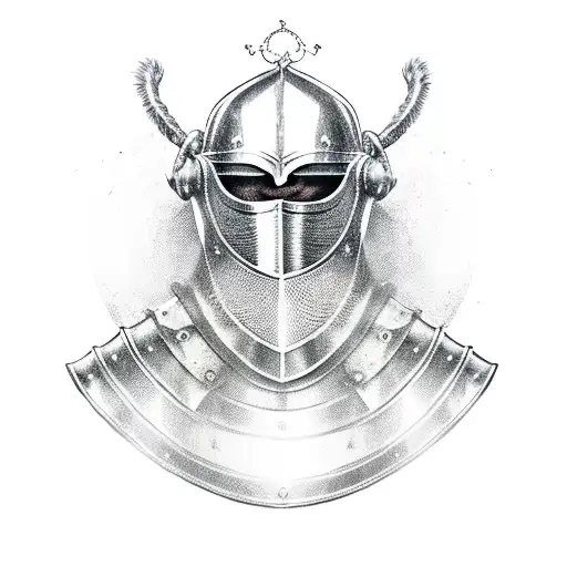 medieval knight, kneeling on one knee, battered and dented armor, fur coat tattered around shoulders and neck tattoo design idea