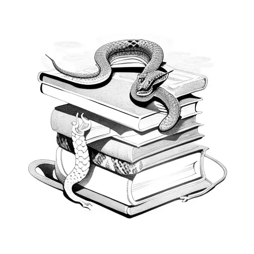 A stack of books with a snake slithering through them tattoo design idea