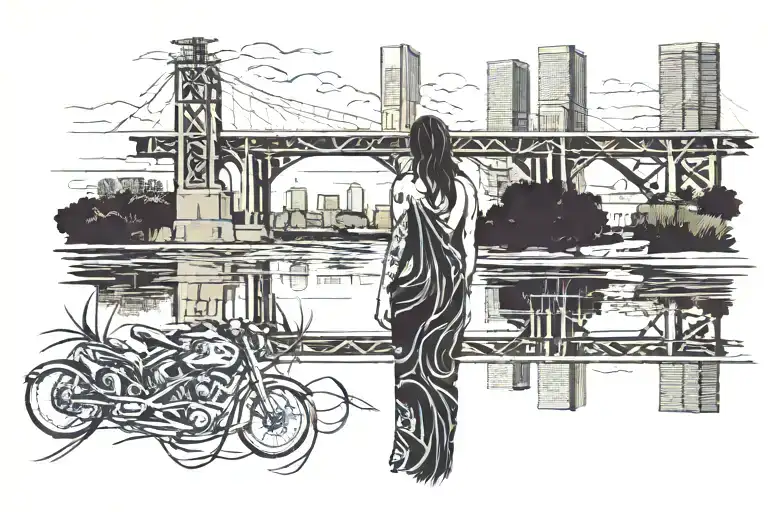 Los Angeles River with the weeping woman with the 6th Street bridge in the background and a silhouette of downtown Los A tattoo design idea