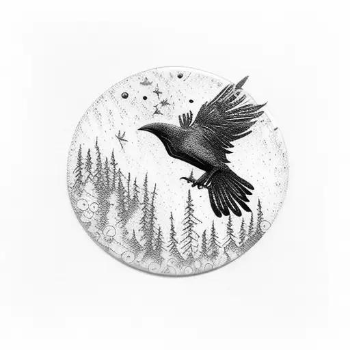 A dotwork tattoo of a raven perched on a Star Trek communicator badge, with a forest landscape in the background. tattoo design idea