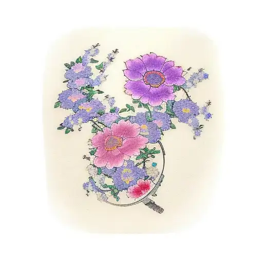 Japanese flowers with small Childrens faces in the flowers tattoo design idea