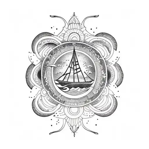 An old ship sailing across a cosmic sunflower ocean  tattoo design idea