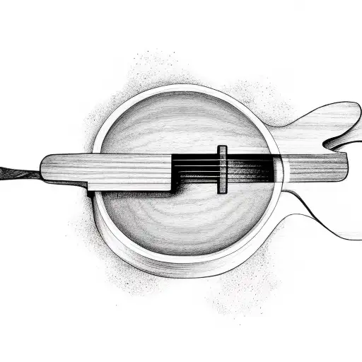 A cinematic scene of a wooden guitar floating in the middle of a tranquil ocean tattoo design idea