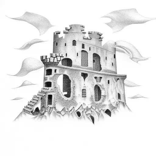 crumbled castle watch tower, on fire  tattoo design idea