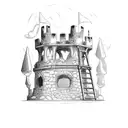 single crumbled castle watch tower, on fire buring   tattoo design idea