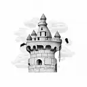 single crumbled castle watch tower, on fire buring   tattoo design idea
