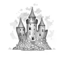 single crumbled castle watch tower, on fire buring   tattoo design idea