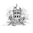 single crumbled castle watch tower, on fire buring   tattoo design idea