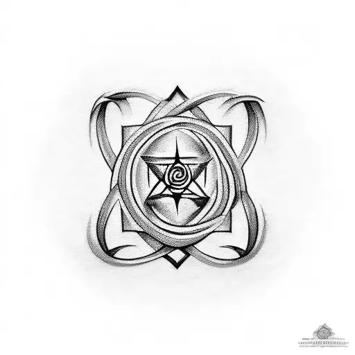 A blackwork tattoo of a modern interpretation of the Omega symbol intertwined with elements of Greek mythology. tattoo design idea