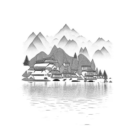 high contrast picture of a village with water and mountains with a boarder tattoo design idea