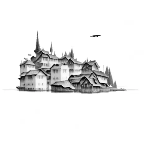 a village on a lake with mountains high contrast tattoo design idea