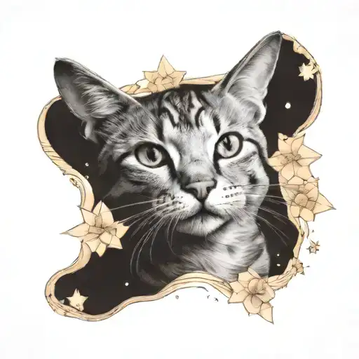 A realistic portrait of a majestic cat with intricate anime-style eyes, surrounded by space and stars tattoo design idea