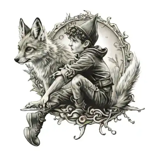 Peter Pan playing with a fox   tattoo design idea