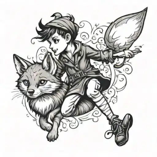 Peter Pan playing with a fox   tattoo design idea