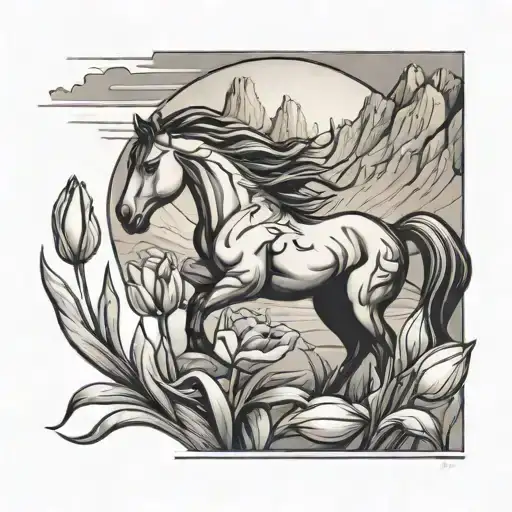 A black-grey tattoo design of a mustang car logo integrated into a mountain landscape with tulips growing at the base, representing the client's passion for both cars and nature tattoo design idea