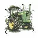 A John Deere tractor surrounded by musical notes and hiking trails tattoo design idea
