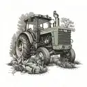 A John Deere tractor surrounded by musical notes and hiking trails tattoo design idea