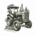 A John Deere tractor surrounded by musical notes and hiking trails tattoo design idea