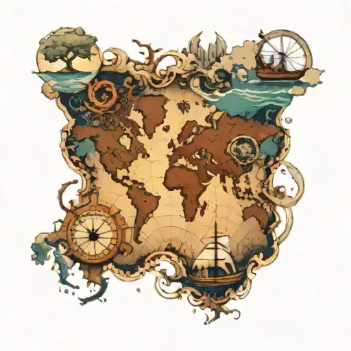 A map of the world with nautical elements and mythological creatures representing different regions tattoo design idea