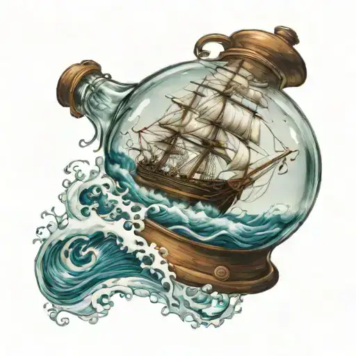 An old-fashioned ship in a bottle, with waves crashing around it, capturing the essence of the client's passion for maritime history tattoo design idea
