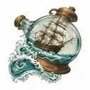 An old-fashioned ship in a bottle, with waves crashing around it, capturing the essence of the client's passion for maritime history tattoo design idea