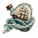An old-fashioned ship in a bottle, with waves crashing around it, capturing the essence of the client's passion for maritime history tattoo design idea