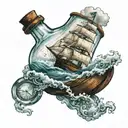 An old-fashioned ship in a bottle, with waves crashing around it, capturing the essence of the client's passion for maritime history tattoo design idea