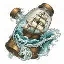 An old-fashioned ship in a bottle, with waves crashing around it, capturing the essence of the client's passion for maritime history tattoo design idea