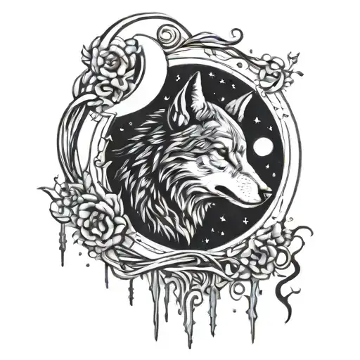 lone wolf crescent moon blood tattoo design idea