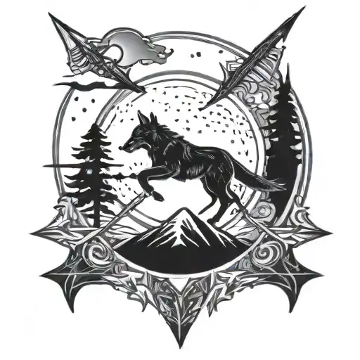 lone wolf bow arrow moon tattoo design idea