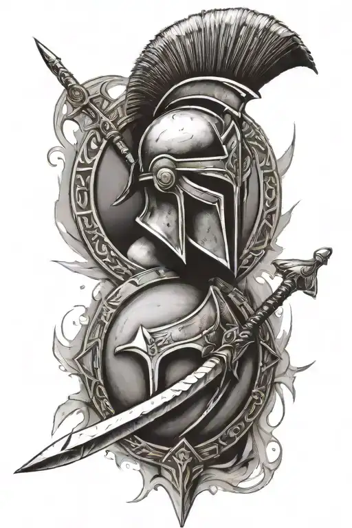 spartan spear and shield, with a spartan helmet  tattoo design idea
